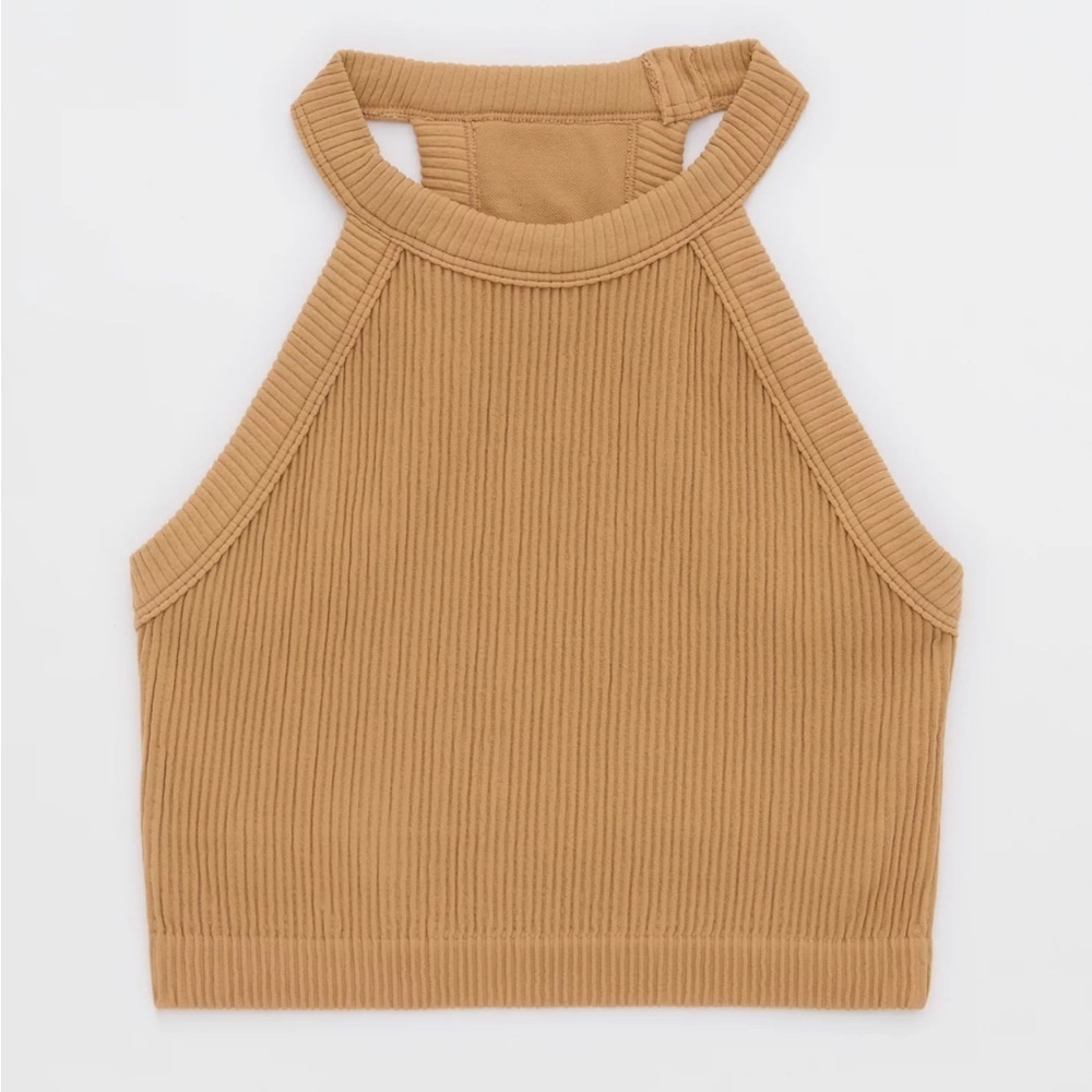 Aerie Superchill Seamless High Neck Ribbed Halter Bra Top in Beach Dune Size M - Picture 3 of 8